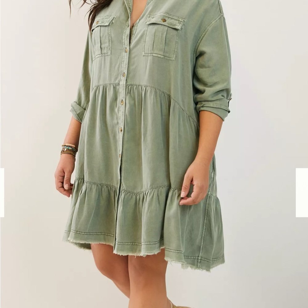 Anthropologie Pilcro Deanne Tiered Mini Shirtdress Women’s Small Green Button Up